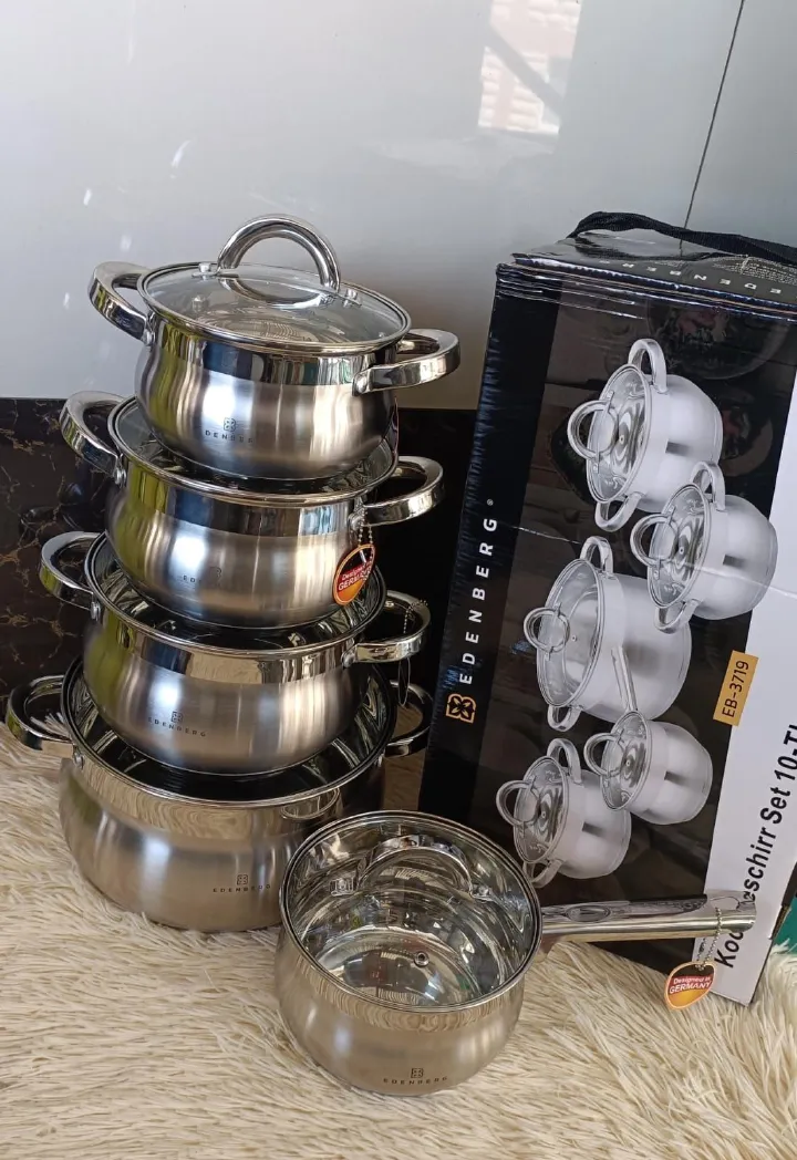 Edenberg stainless sufurias 10pcs Edenberg cookware Edenberg finest
Stove Type Compatibility; induction
Anti-scratching Handle for Kitchen 
With lid
Glass cover