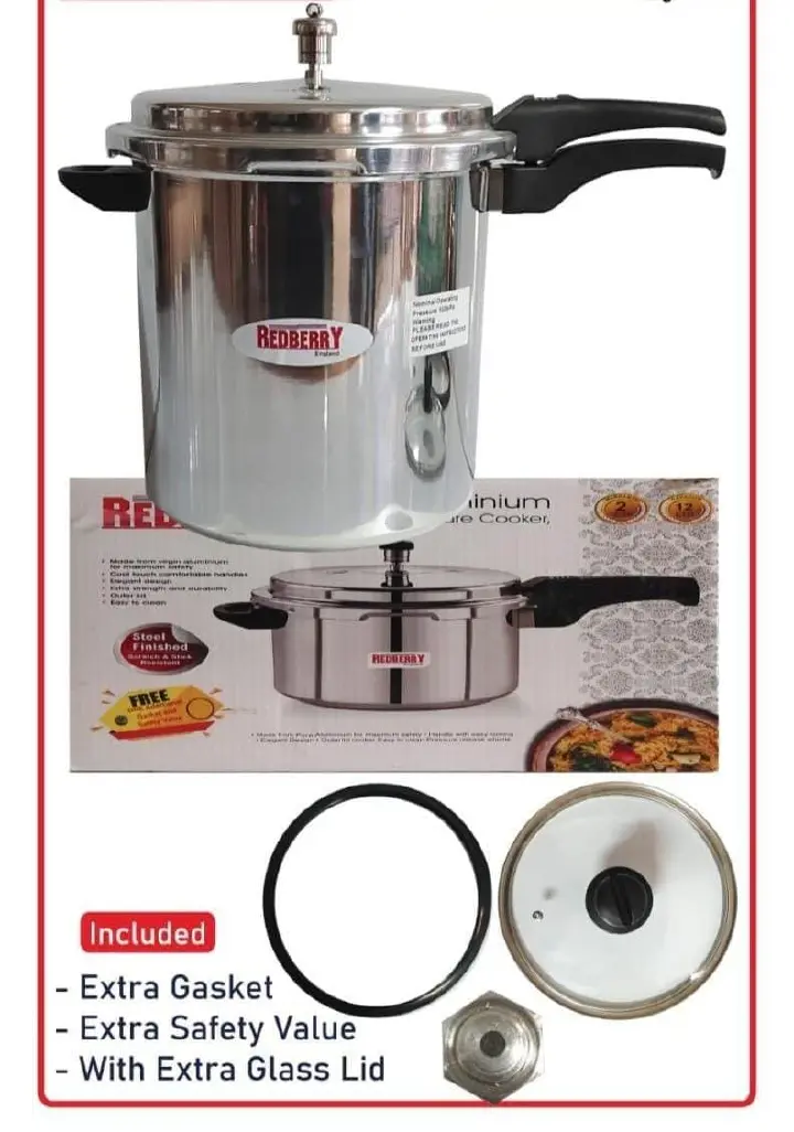 Redberry elegant pressure cooker..3.5L,5L,7.5L,10L,12L
Extra gasket
Extra safety valve
With extra glass lid
Stainless Steel
Energy Saving
Highly durable, explosion proof and easy to clean equipment.