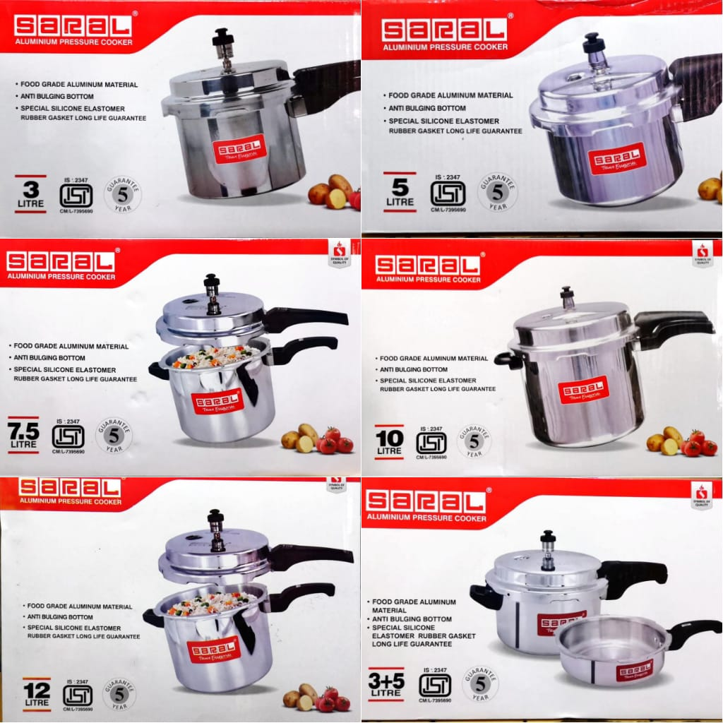 SARAL HEAVY DUTY ALUMINIUM PRESSURE COOKERS 3L.5L,7.5L,10L,12L
 Brand: Saral  Material: Aluminum Alloy, Heating: Chasis Alloy