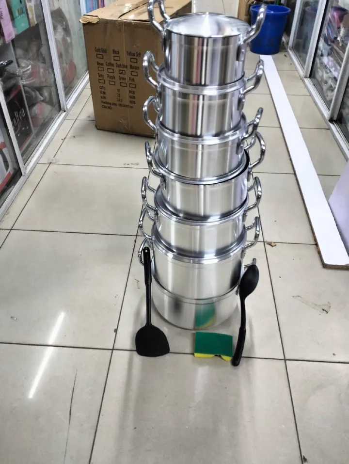 Original Tornado (TC) Cookware Set Sufuria with Free( 2 pcs Plastic service Spoons and 1 Scotch ),Color :silver,14pcs (7lids+7pots) Silver ,Pot sizes(16/18/20/22/24/26/28cm).Ideal for Everyday Cooking