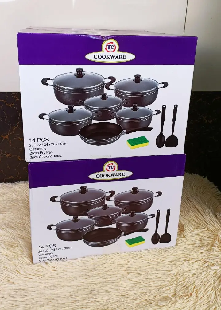 TC 14 Pieces Non-Stick Black Coated Cooking Pot/Sufuria with pan.Our 14-pc Aluminum Pot Set.It is made from quality aluminum. With free gift 2 pcs Plastic service Spoons and 1 Scotch bright