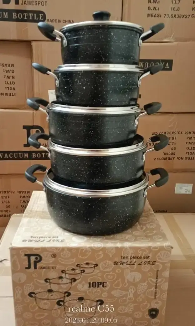 JP Jamespot 10Pcs Heavy Non-Stick Granite Cooking Pot/Sufuria With Pan Cookware Set Jamespot It also has glass lids makes viewing food easy from start to finish. It is both a healthy and an Eco friend