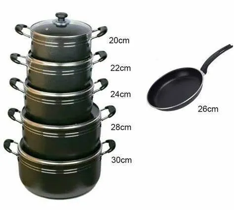TC 14 Pieces Non-Stick Black Coated Cooking Pot/Sufuria with pan.Our 14-pc Aluminum Pot Set.It is made from quality aluminum. With free gift 2 pcs Plastic service Spoons and 1 Scotch bright