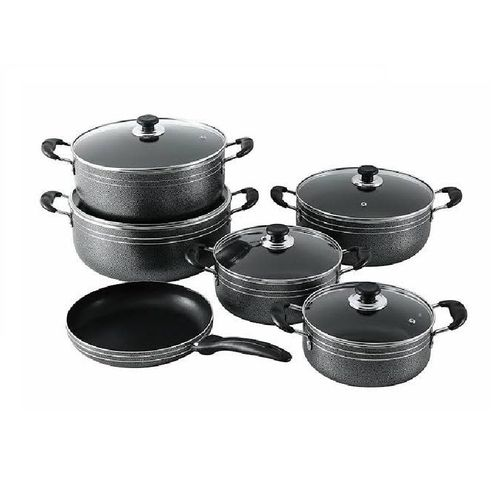 TC 14 Pieces Non-Stick Black Coated Cooking Pot/Sufuria with pan.Our 14-pc Aluminum Pot Set.It is made from quality aluminum. With free gift 2 pcs Plastic service Spoons and 1 Scotch bright