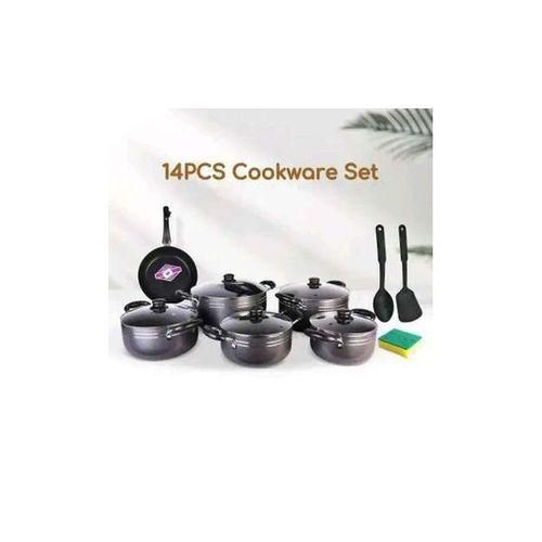 TC 14 Pieces Non-Stick Black Coated Cooking Pot/Sufuria with pan.Our 14-pc Aluminum Pot Set.It is made from quality aluminum. With free gift 2 pcs Plastic service Spoons and 1 Scotch bright