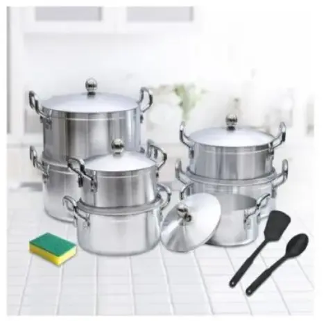 Original Tornado (TC) Cookware Set Sufuria with Free( 2 pcs Plastic service Spoons and 1 Scotch ),Color :silver,14pcs (7lids+7pots) Silver ,Pot sizes(16/18/20/22/24/26/28cm).Ideal for Everyday Cooking