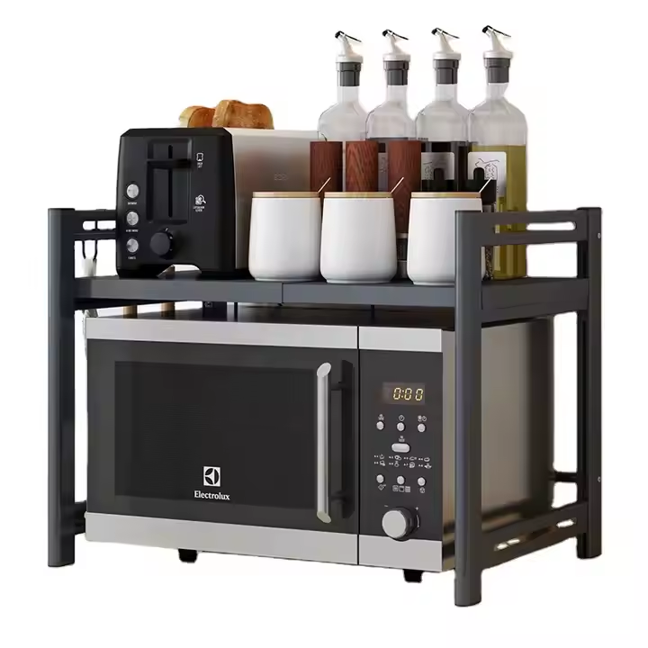 ONE LAYER METALLIC MICROWAVE STAND, Heavy Duty Expandable Metallic Microwave Stand.One Layer Durable Kitchen Organizer. Easy to Clean, modern and neutral finish and industrial look blend effortlessly.