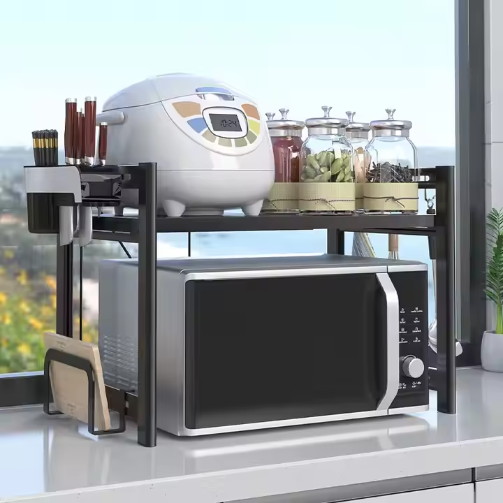 ONE LAYER METALLIC MICROWAVE STAND, Heavy Duty Expandable Metallic Microwave Stand.One Layer Durable Kitchen Organizer. Easy to Clean, modern and neutral finish and industrial look blend effortlessly.