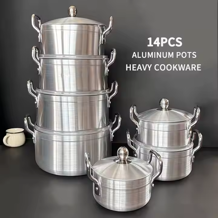 Original Tornado (TC) Cookware Set Sufuria with Free( 2 pcs Plastic service Spoons and 1 Scotch ),Color :silver,14pcs (7lids+7pots) Silver ,Pot sizes(16/18/20/22/24/26/28cm).Ideal for Everyday Cooking