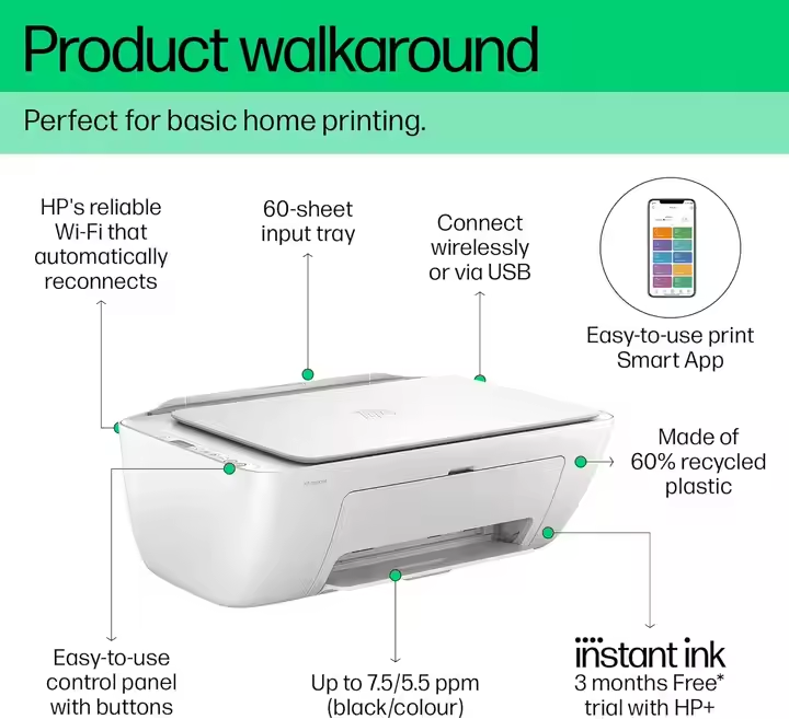 HP DeskJet 2320 .All-in-One Printer, compact and affordable device for home and small office use. It offers printing, scanning, and copying in one unit. Easy to fit in small spaces
