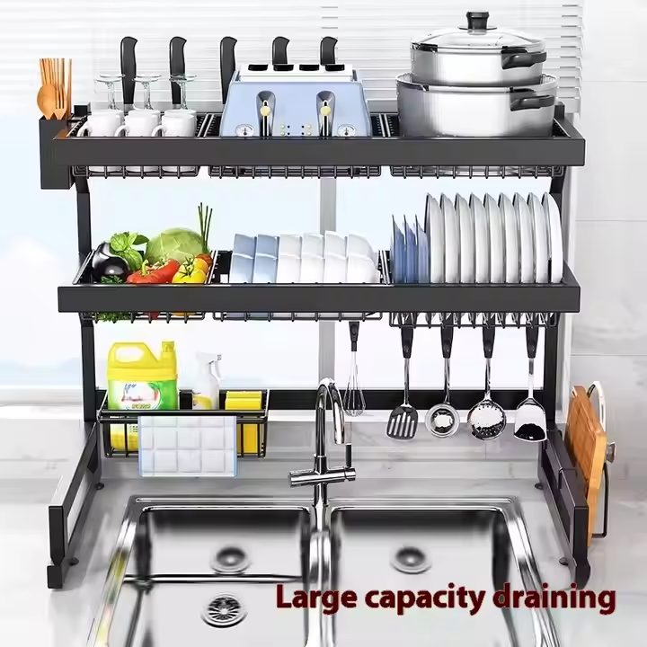 High quality heavy duty over the sink dish rack 
▶️Modern
▶️Size 85cm
▶️material: Carbon steel metal 
▶️Color: black 
▶️Scratch and rust resistance
▶️Corrosion Resistant, Dustproof,