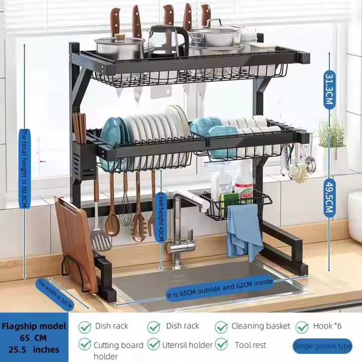 High quality heavy duty over the sink dish rack 
▶️Modern
▶️Size 85cm
▶️material: Carbon steel metal 
▶️Color: black 
▶️Scratch and rust resistance
▶️Corrosion Resistant, Dustproof,