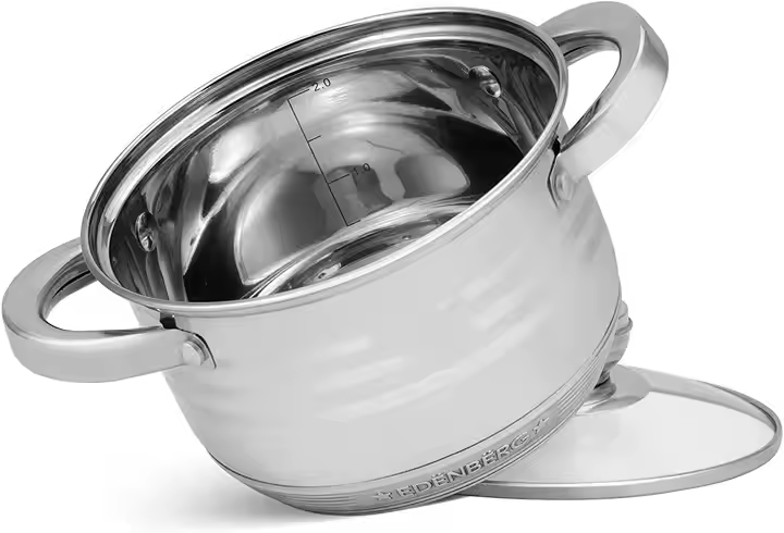 12pc Set Edenberg 4037. Heavy duty stainless steel Cookware set Calibrated for content measuring,induction friendly| stainless steel bottom. Modern cookware set with lid. Durable and easy to clean.