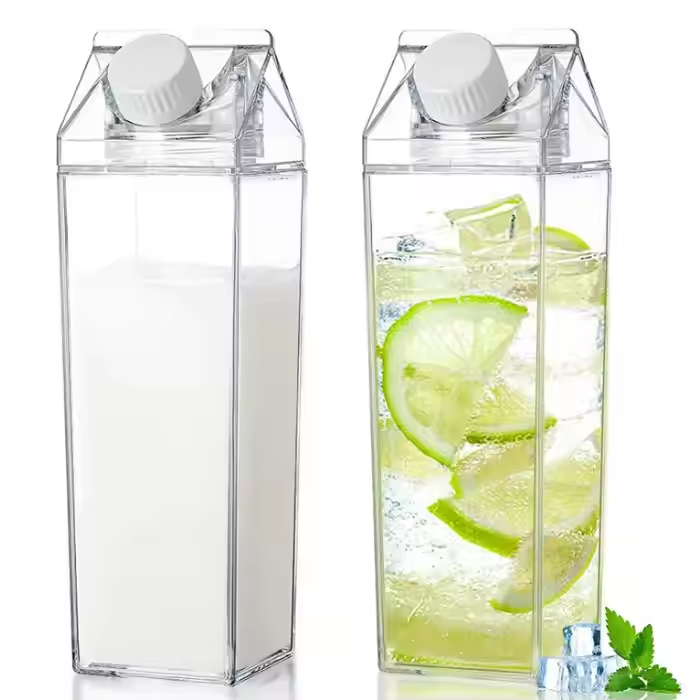 Multipurpose space saver milk//water//juice//special beverages bottle Capacity: 1ltr, Material; Acrylic. Design: Sleek and space-saving, perfect for kitchen storage