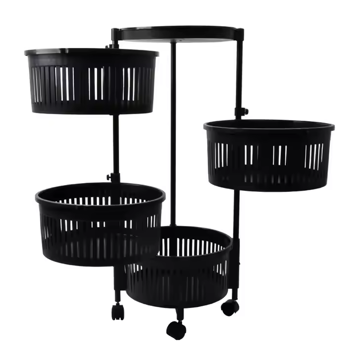 4-Tier Metal Round Rotating Vegetable Storage Tower Unit Shelves Rack Organizer. Baskets on Wheels in Kitchen and Household Corner for Fruits, Grocery, Corns or Potatoes, Detachable Baskets and modern