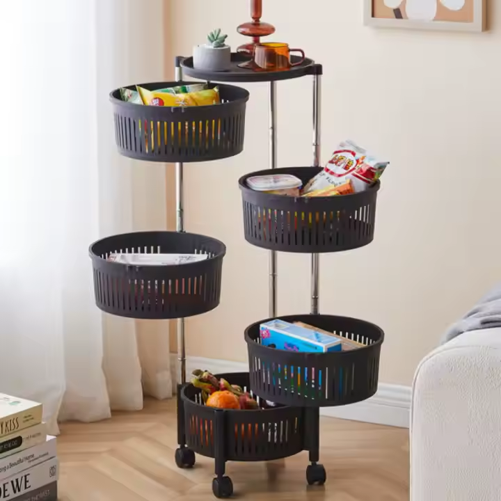 4-Tier Metal Round Rotating Vegetable Storage Tower Unit Shelves Rack Organizer. Baskets on Wheels in Kitchen and Household Corner for Fruits, Grocery, Corns or Potatoes, Detachable Baskets and modern