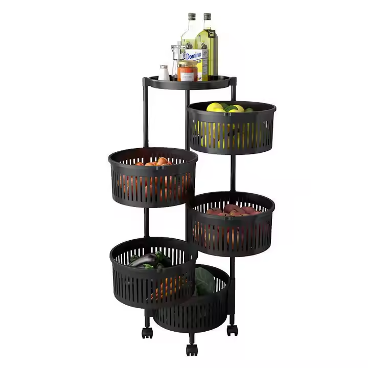 4-Tier Metal Round Rotating Vegetable Storage Tower Unit Shelves Rack Organizer. Baskets on Wheels in Kitchen and Household Corner for Fruits, Grocery, Corns or Potatoes, Detachable Baskets and modern