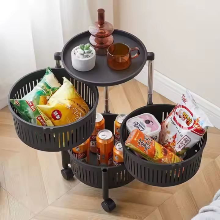 4-Tier Metal Round Rotating Vegetable Storage Tower Unit Shelves Rack Organizer. Baskets on Wheels in Kitchen and Household Corner for Fruits, Grocery, Corns or Potatoes, Detachable Baskets and modern