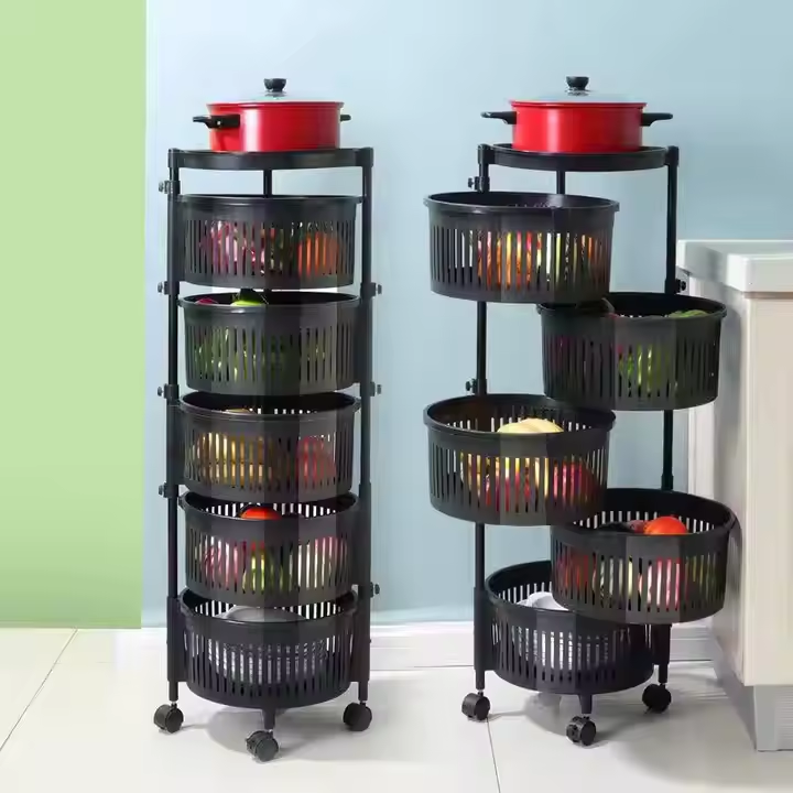 4-Tier Metal Round Rotating Vegetable Storage Tower Unit Shelves Rack Organizer. Baskets on Wheels in Kitchen and Household Corner for Fruits, Grocery, Corns or Potatoes, Detachable Baskets and modern