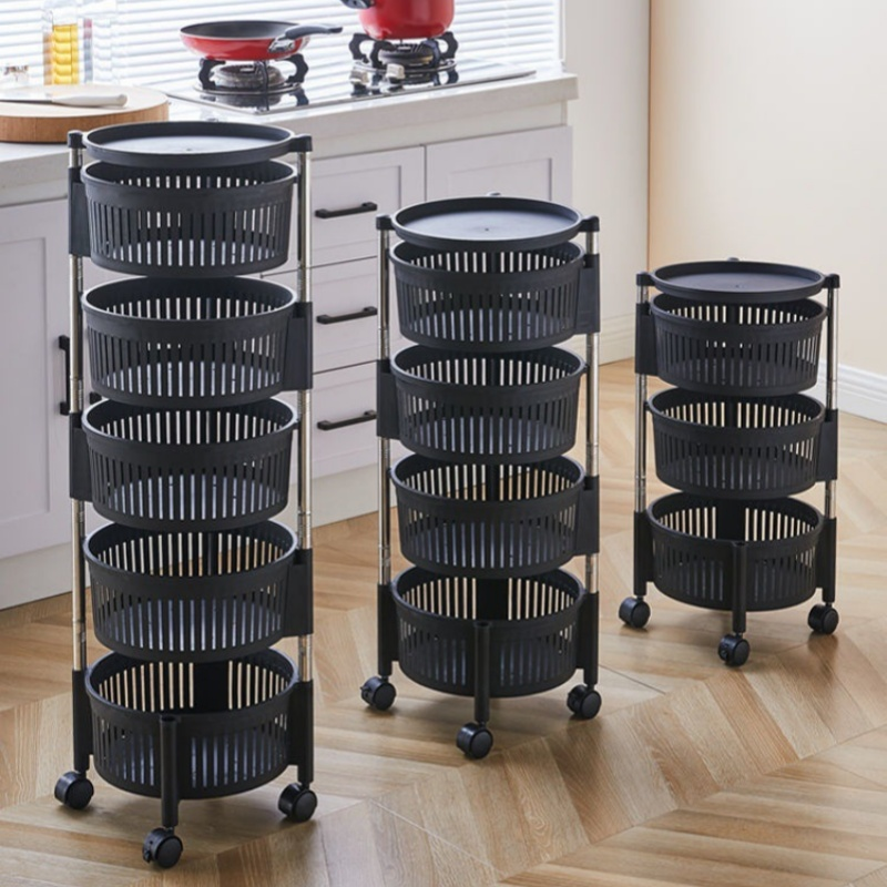 4-Tier Metal Round Rotating Vegetable Storage Tower Unit Shelves Rack Organizer. Baskets on Wheels in Kitchen and Household Corner for Fruits, Grocery, Corns or Potatoes, Detachable Baskets and modern