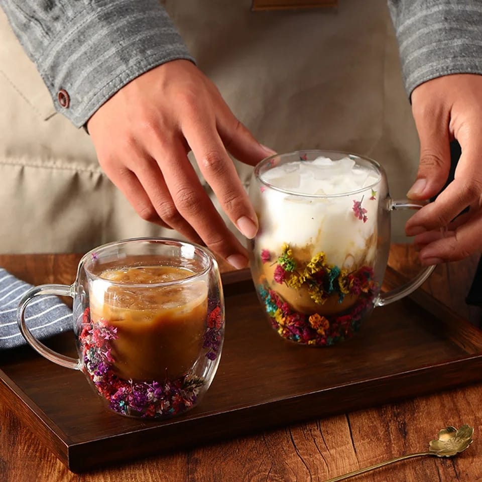 Dried flowers Insulated Double Wall Glass Cup Coffee Cup with Handle Household Hot *Capacity 350mls hot and Cold WaterCup Milk Mug Tea Cup