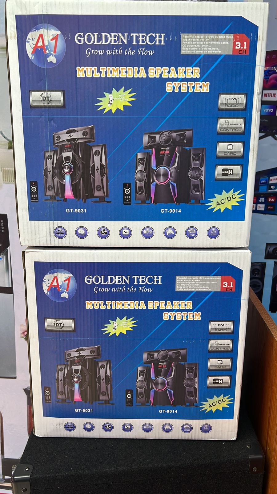 3.1ch Goldentech multimedia speaker woofer.Works with any Bluetooth-enabled deviceBluetooth is a short range wireless communication technology that is both robust and energy-efficient.