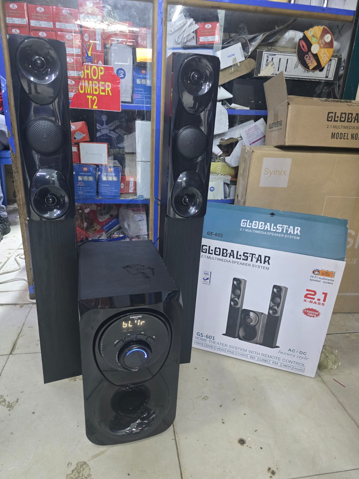 Globalstar GS-601 2.1ch tall boy multimedia speaker system. And, you just need to pair you phone or other music player which support Bluetooth with the Speaker. After paired, you can immediately enjoy
