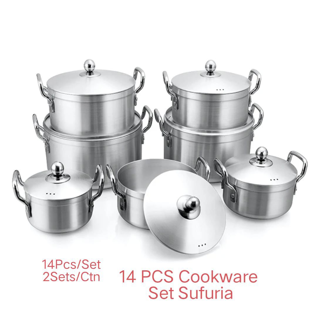 Greatstar 14pc Cookware Set 14 pcs stainless steel sufuria /cookware

Have handles for easier use while cooking or serving 

They have lids to cover the food while cooking and to keep it warm for long