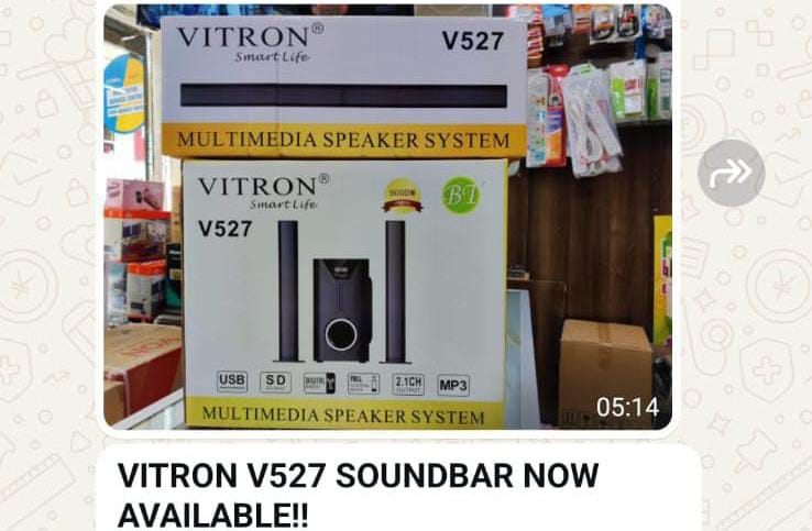 VITRON SOUNDBAR V527 Amazing Sound
Super Bass surround
Hightech Multimedia
Aux/FM ready
USB Support
9000W PMPO
Bluetooth
