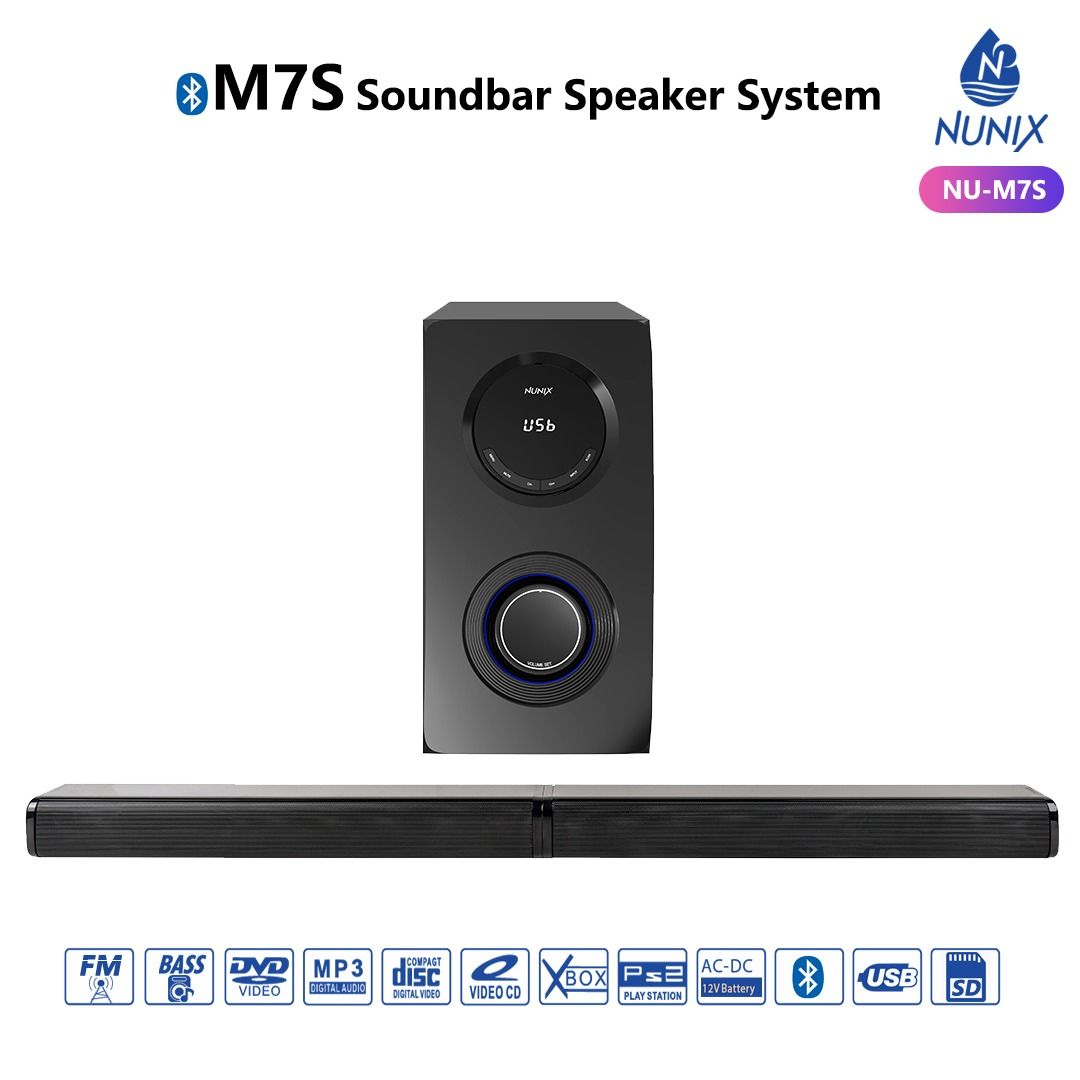 NUNIX M7s soundbar speaker system.The Bluetooth speaker system plays FM radio, and MP3 from the USB and SD card slots.
