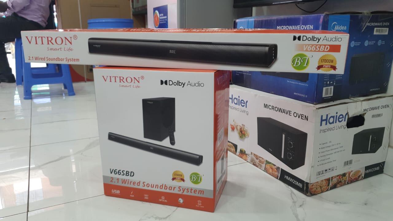 Vitron V66SBD 17000W DOLBY ATMO 2.1CH WIRED SOUNDBAR SYSTEM. And, you just need to pair you phone or other music player which support Bluetooth with the Speaker.