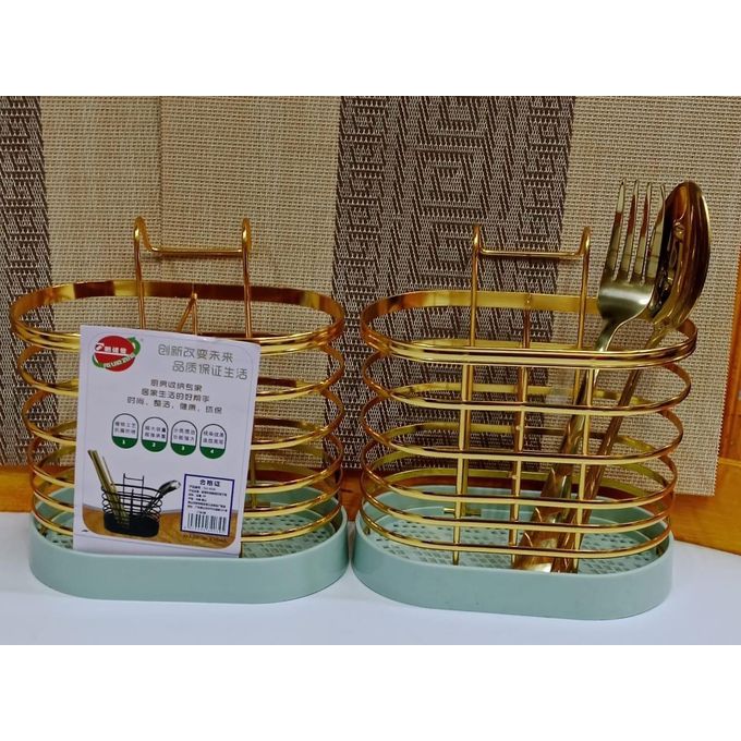 1PC Golden Spoon Holder. Features multiple compartments for organizing spoons, forks, knives, and chopsticks.