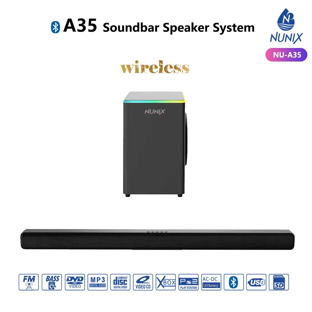 Nunix A35 Soundbar wireless Speaker System Wireless Bluetooth connectivity for easy streaming from phones, tablets, and other Bluetooth-enabled devices.
Slim and modern soundbar design that fits neat