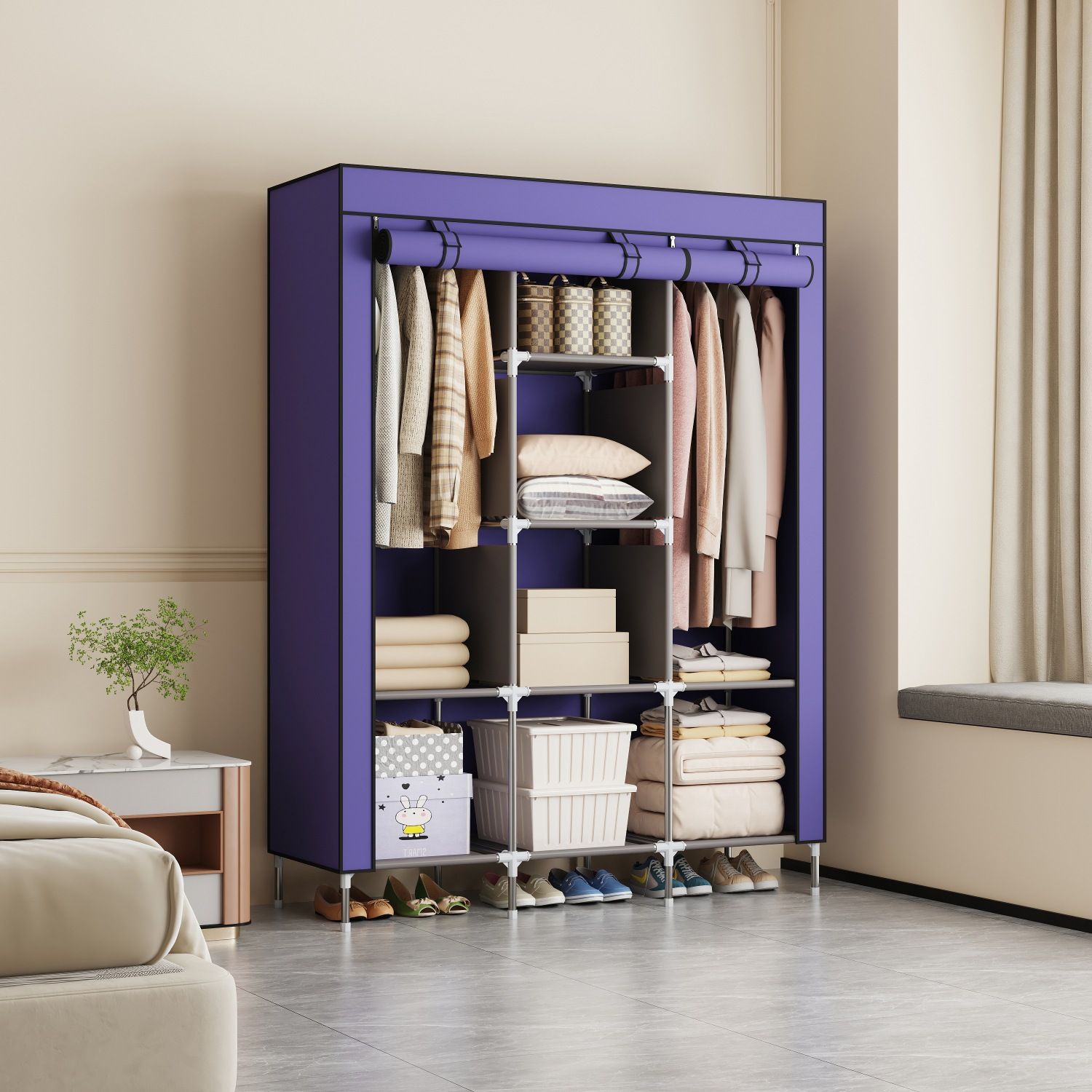 3 Columns DIY Wardrobe,Large Capacity Assemble Closet Wardrobe,Portable Closet for Bedroom,Clothes Rail with Non-Woven Fabric Cover, Clothes Storage Organizer