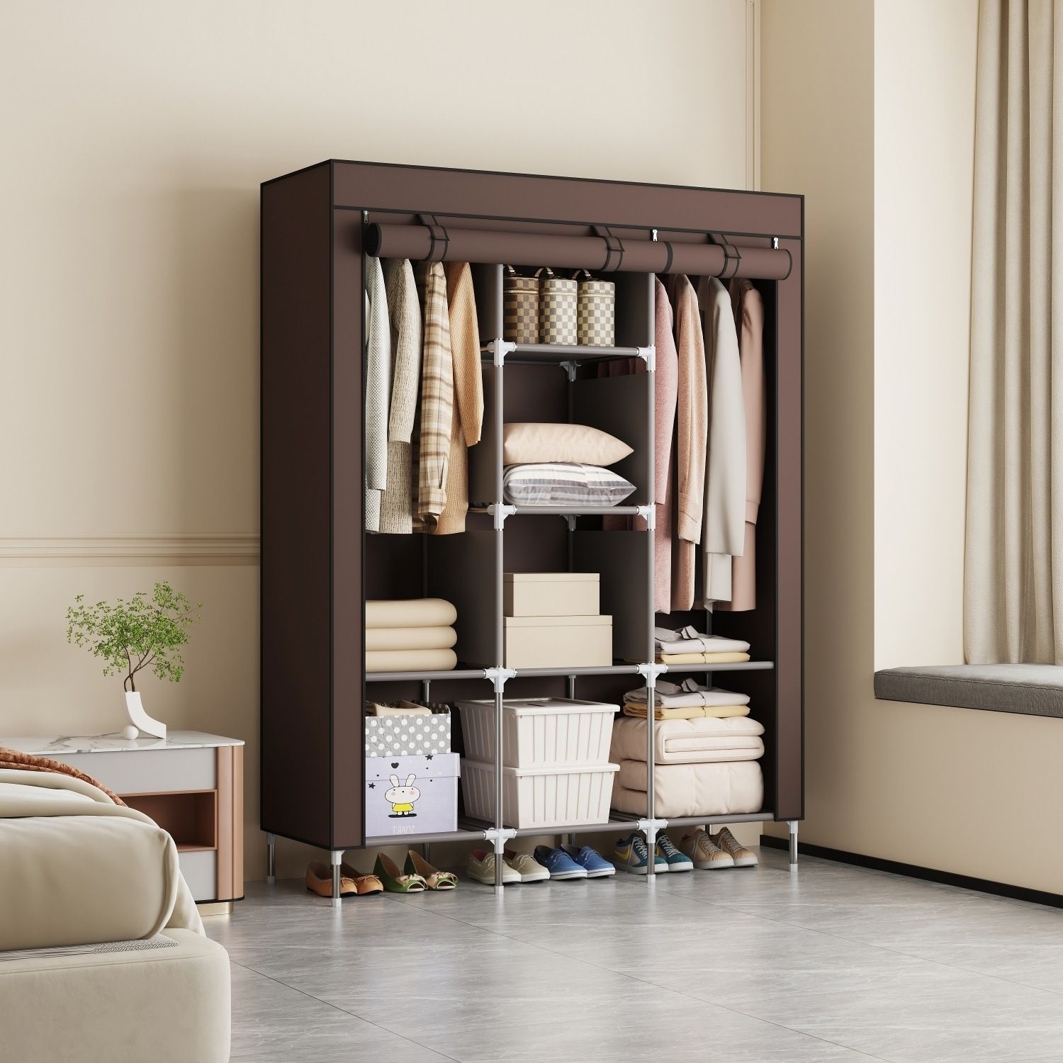 3 Columns DIY Wardrobe,Large Capacity Assemble Closet Wardrobe,Portable Closet for Bedroom,Clothes Rail with Non-Woven Fabric Cover, Clothes Storage Organizer