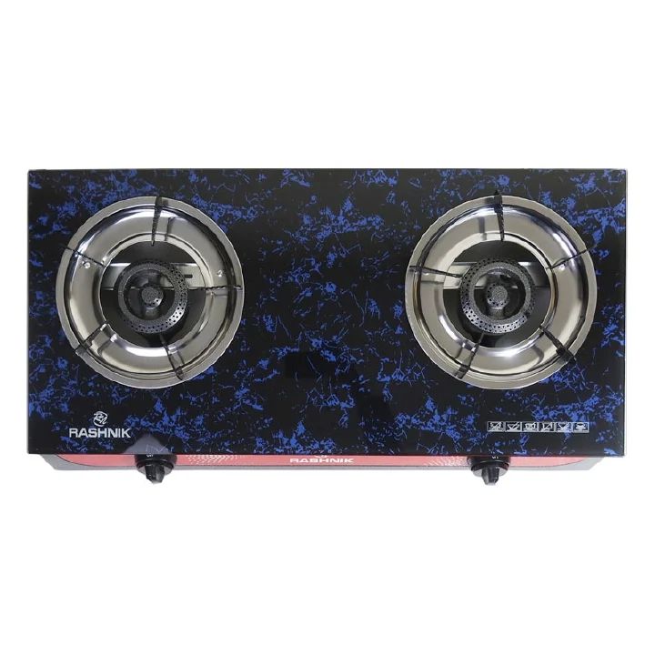 RASHNIK    RN-201  2  Burner GLass  Top Gas  Cooker  Gas Stove with  Steel Construction Piezoelectric Ignition