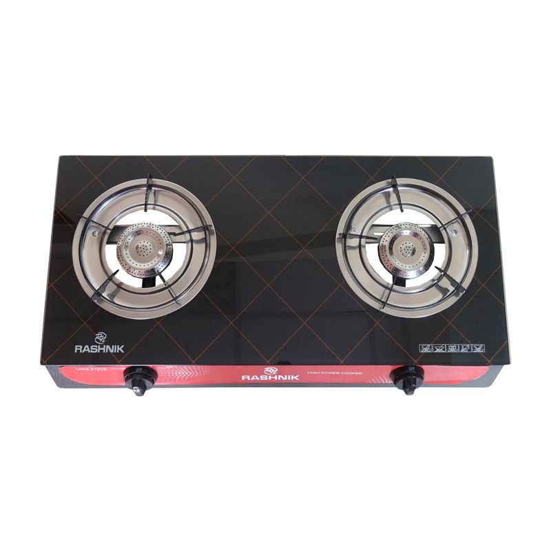 RASHNIK    RN-201  2  Burner GLass  Top Gas  Cooker  Gas Stove with  Steel Construction Piezoelectric Ignition