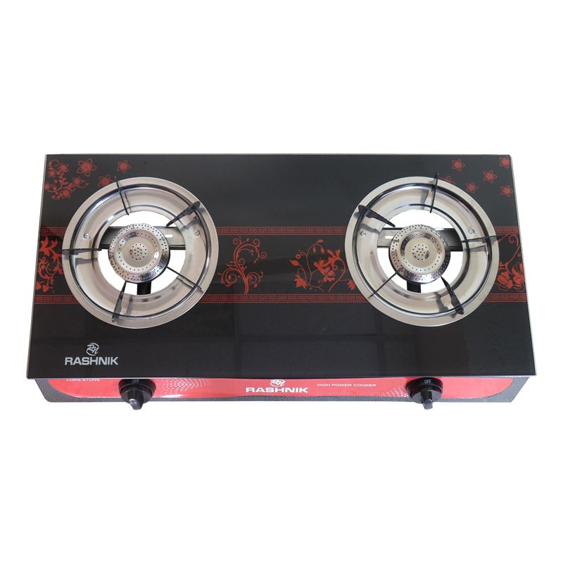 RASHNIK    RN-201  2  Burner GLass  Top Gas  Cooker  Gas Stove with  Steel Construction Piezoelectric Ignition