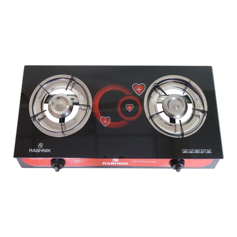 RASHNIK    RN-201  2  Burner GLass  Top Gas  Cooker  Gas Stove with  Steel Construction Piezoelectric Ignition