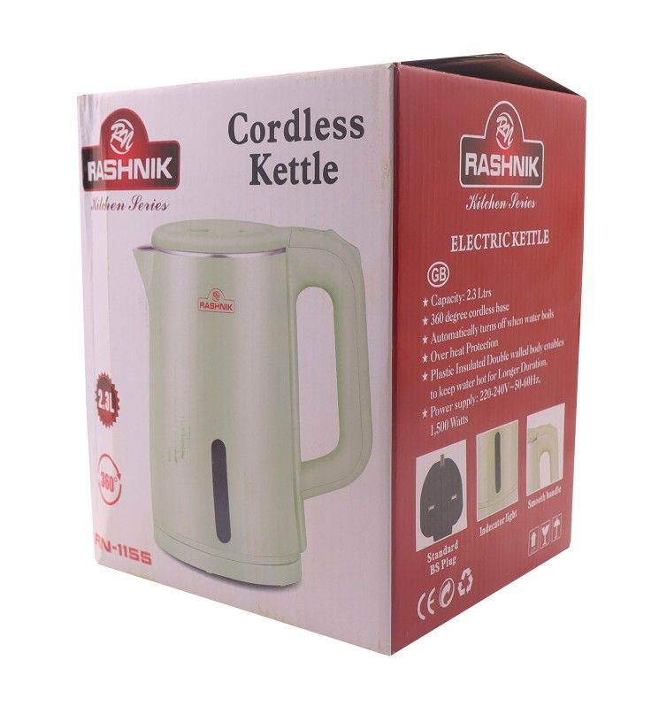 RASHNIK  RN-1155 2.3L  1500W  Electric Kettle  Plastic Insulated Double walled body enablesto keep water hot for Longer Duration  Over heat Protection