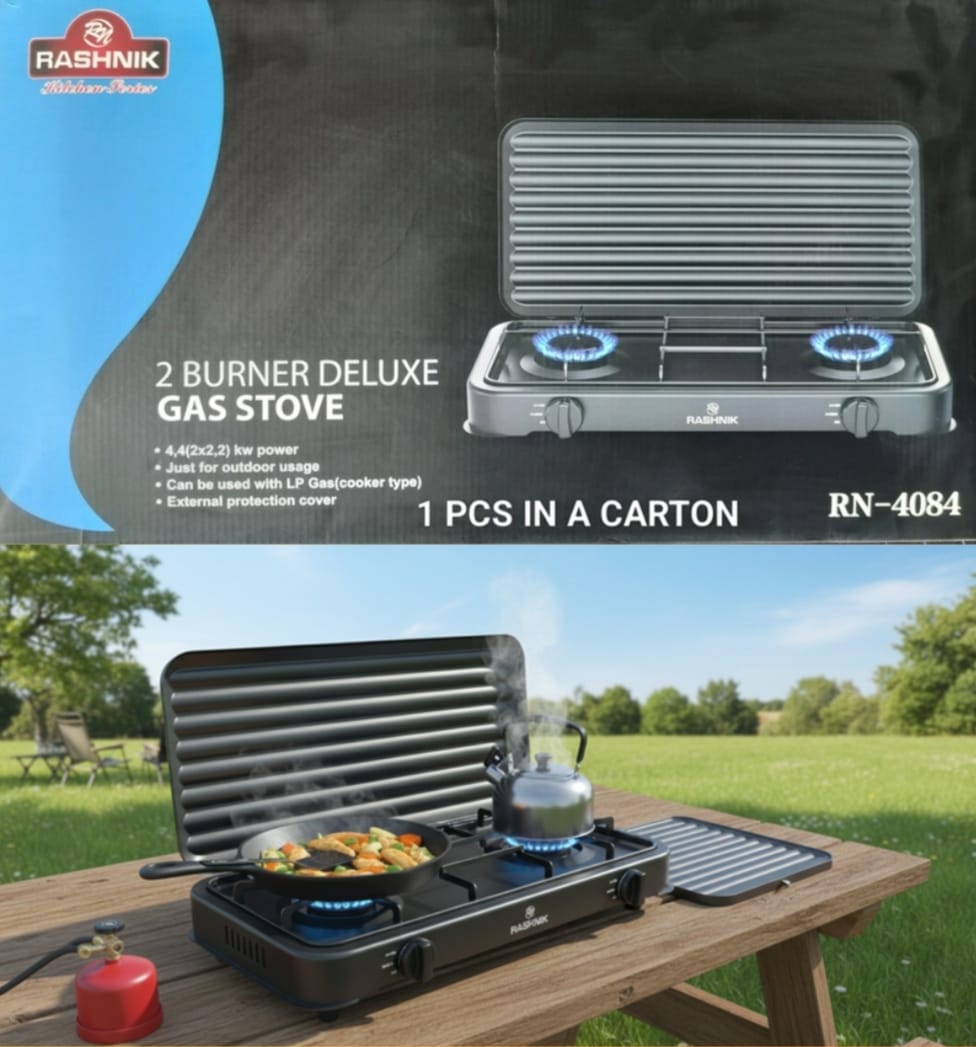 RASHNIK    RN-4084  2  Burner  Deluxe Gas  Cooker  Gas Stove with  External Protection Cover For Outdoor Usage 4,4(2x2,2) kw Power