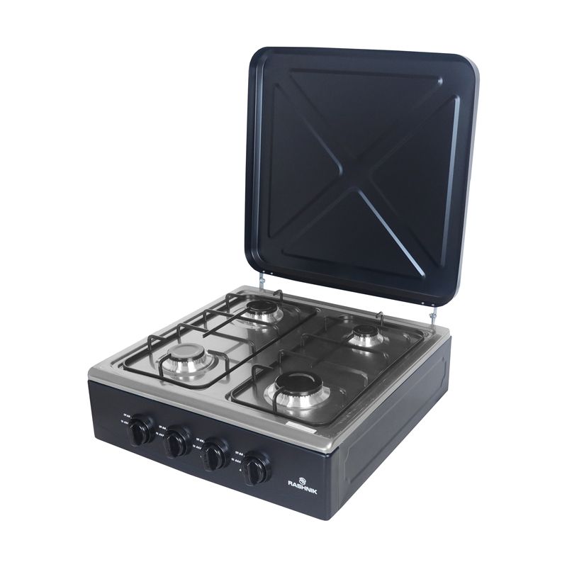 RASHNIK RN-4086 Stainless Steel Deluxe 4 Burner Table Top Gas Cooker Stove  Cooktop Gas Stove with External Protection Cover For Outdoor Usage 6.2 kw Power Can be used with LP Gas
