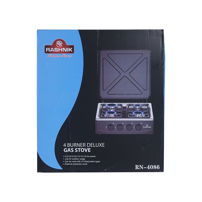 RASHNIK RN-4086 Stainless Steel Deluxe 4 Burner Table Top Gas Cooker Stove  Cooktop Gas Stove with External Protection Cover For Outdoor Usage 6.2 kw Power Can be used with LP Gas