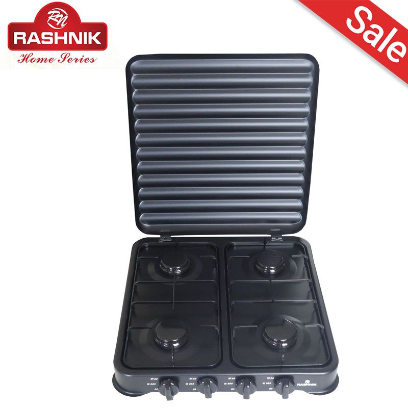 RASHNIK RN-4085  Stainless Steel Deluxe 4 Burner Table Top Gas Cooker Stove  Cooktop Gas Stove  with External Protection Cover For Outdoor Usage 8.8(4x2,2) kw Power Can be used with LP Gas