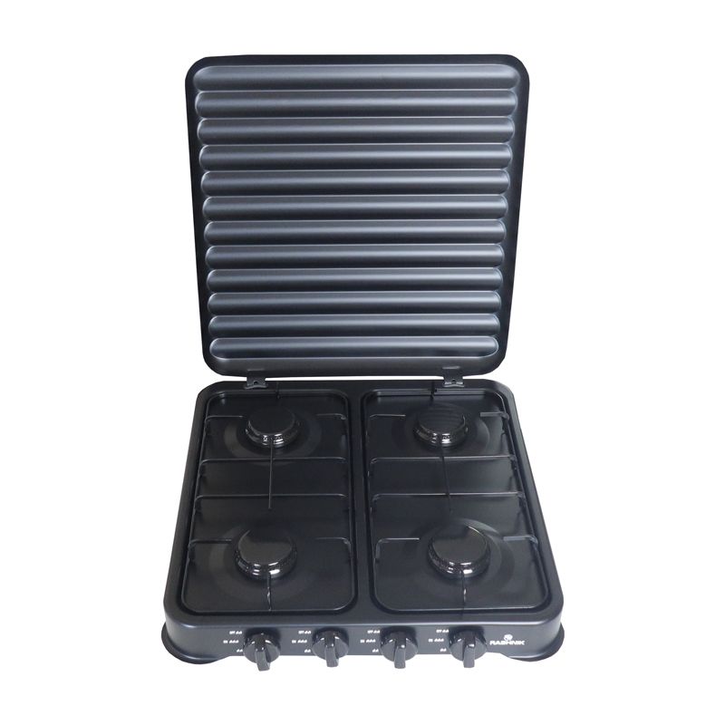 RASHNIK RN-4085  Stainless Steel Deluxe 4 Burner Table Top Gas Cooker Stove  Cooktop Gas Stove  with External Protection Cover For Outdoor Usage 8.8(4x2,2) kw Power Can be used with LP Gas