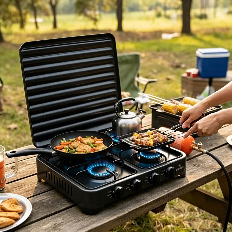 RASHNIK RN-4085  Stainless Steel Deluxe 4 Burner Table Top Gas Cooker Stove  Cooktop Gas Stove  with External Protection Cover For Outdoor Usage 8.8(4x2,2) kw Power Can be used with LP Gas