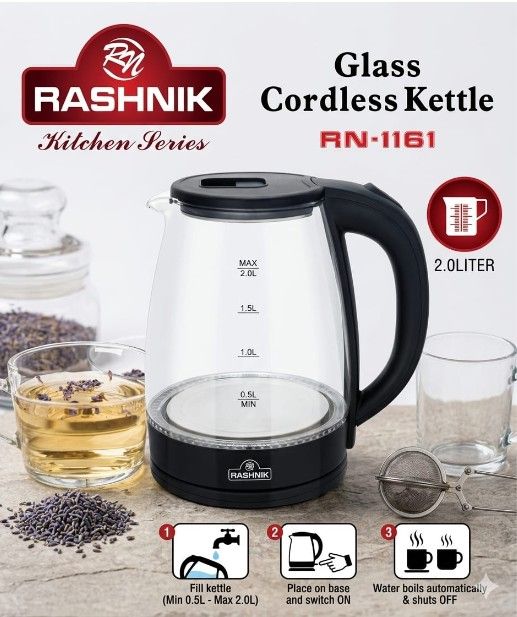 RASHNIK  RN-1161 2.0L  1500W Glass  Electric Kettle Automatically turns off when water boils  Dry & Over Heat Protection
