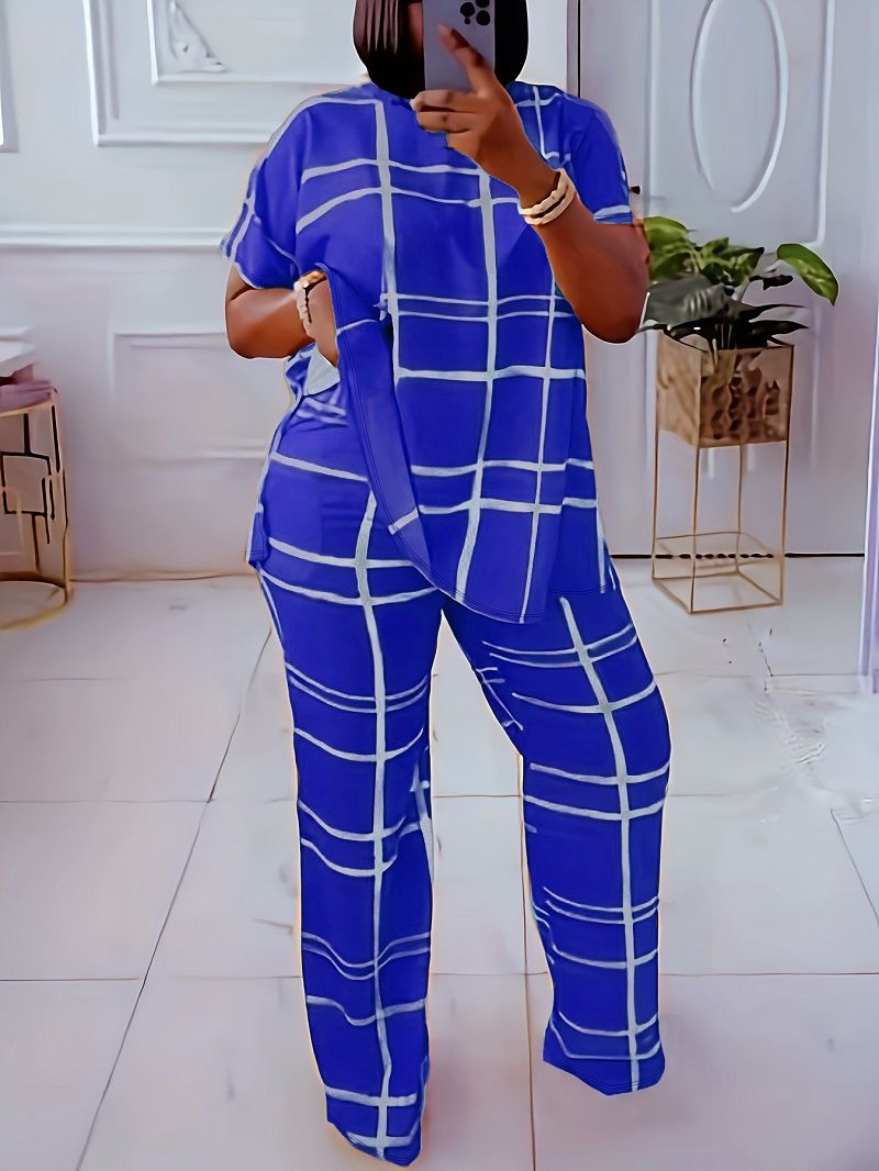 Elemental Printed V-Neck Casual Large Size Two Piece Set
