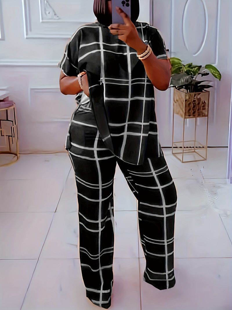Elemental Printed V-Neck Casual Large Size Two Piece Set