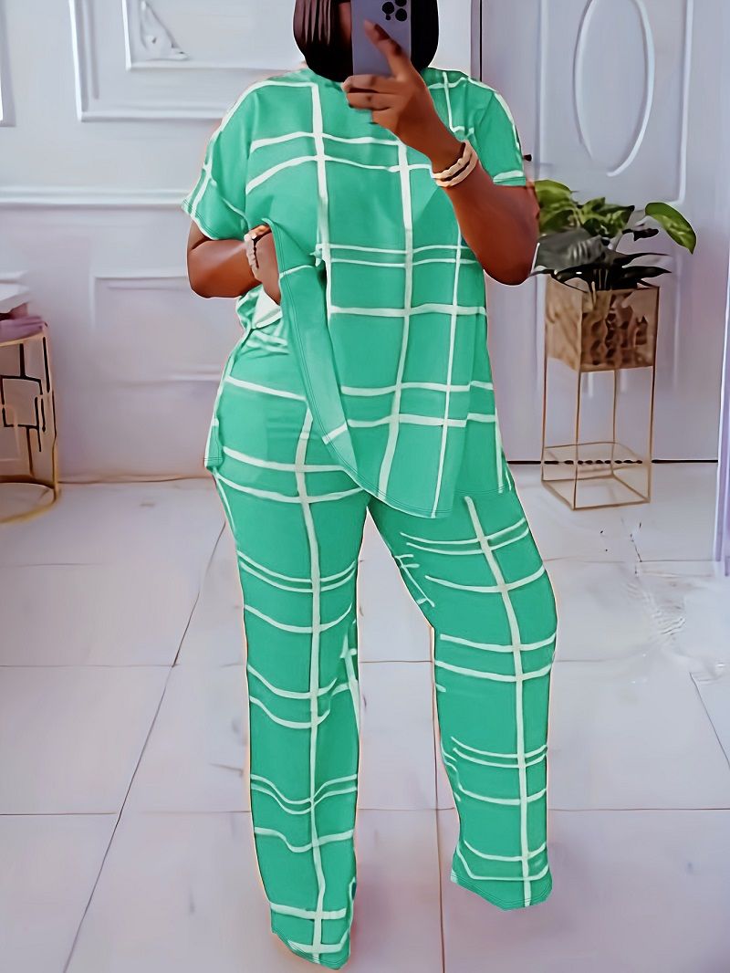 Elemental Printed V-Neck Casual Large Size Two Piece Set